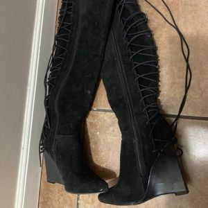 Over the knee laced back wedge boot
